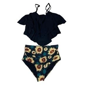 Black with Sunflower Print Tummy Control Two Piece Swimsuit - Size S- NWOT